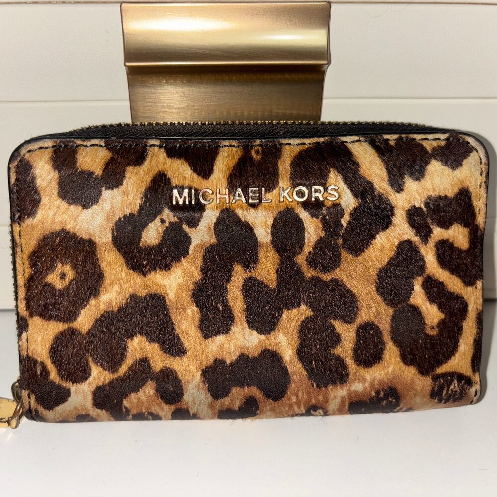 Michael Kors Jet Set Small Zip-Around Leopard Card Case Wallet, Butterscotch